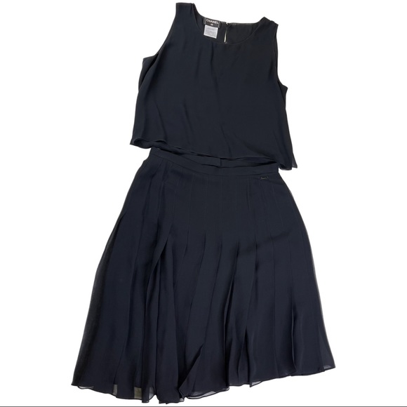 CHANEL 100% Silk All Black Top Skirt Summer Sz 42 - Picture 2 of 15